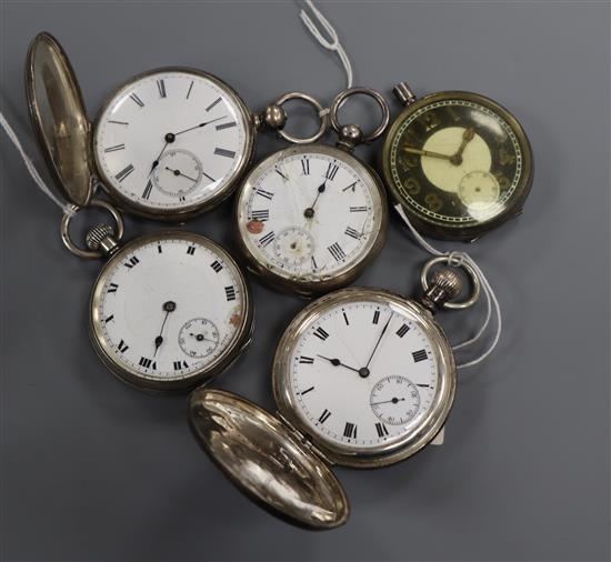 Five assorted silver pocket watches including a hunter.